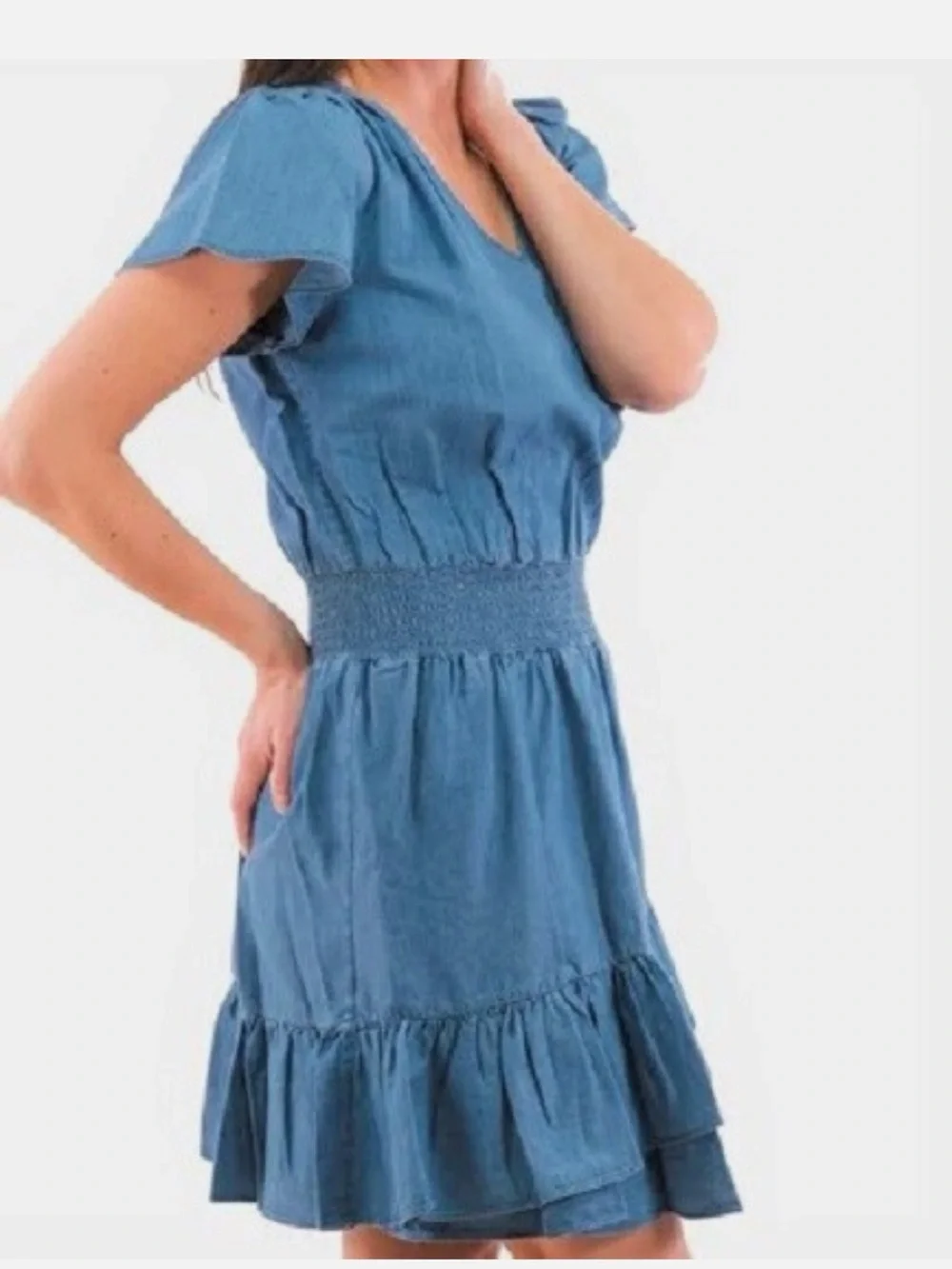 Michael Kors Blue Chambray Ruffle Wrap Mini Dress